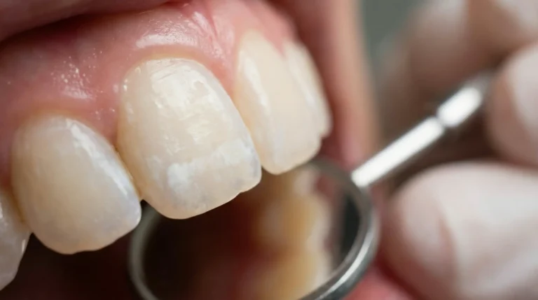 Zahnarzt untersucht Zähne mit Spiegel