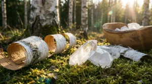 Birkenrinde und Kristalle im sonnigen Waldmoos