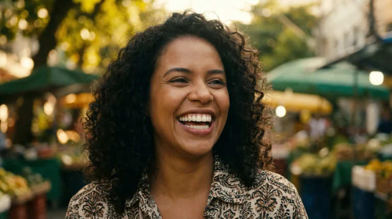 Frau lacht fröhlich auf einem Markt im Freien