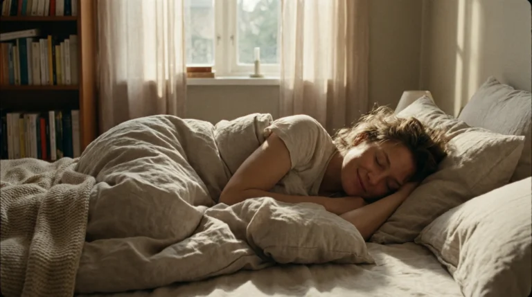 Frau schläft friedlich im Bett am Morgen