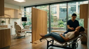 Zahnarzt behandelt Patientin in moderner Praxis