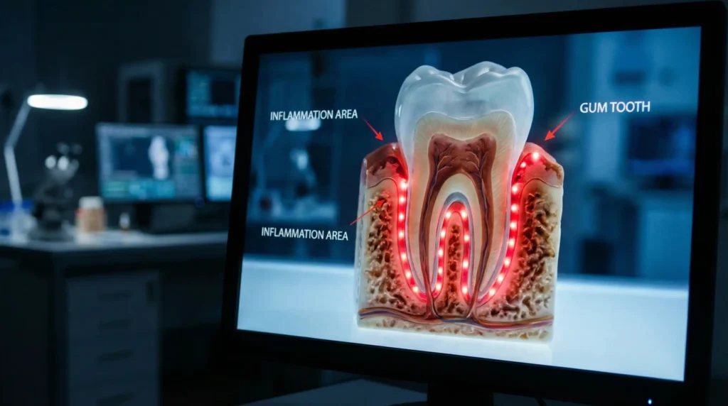 3D-Darstellung eines entzündeten Zahns auf Monitor