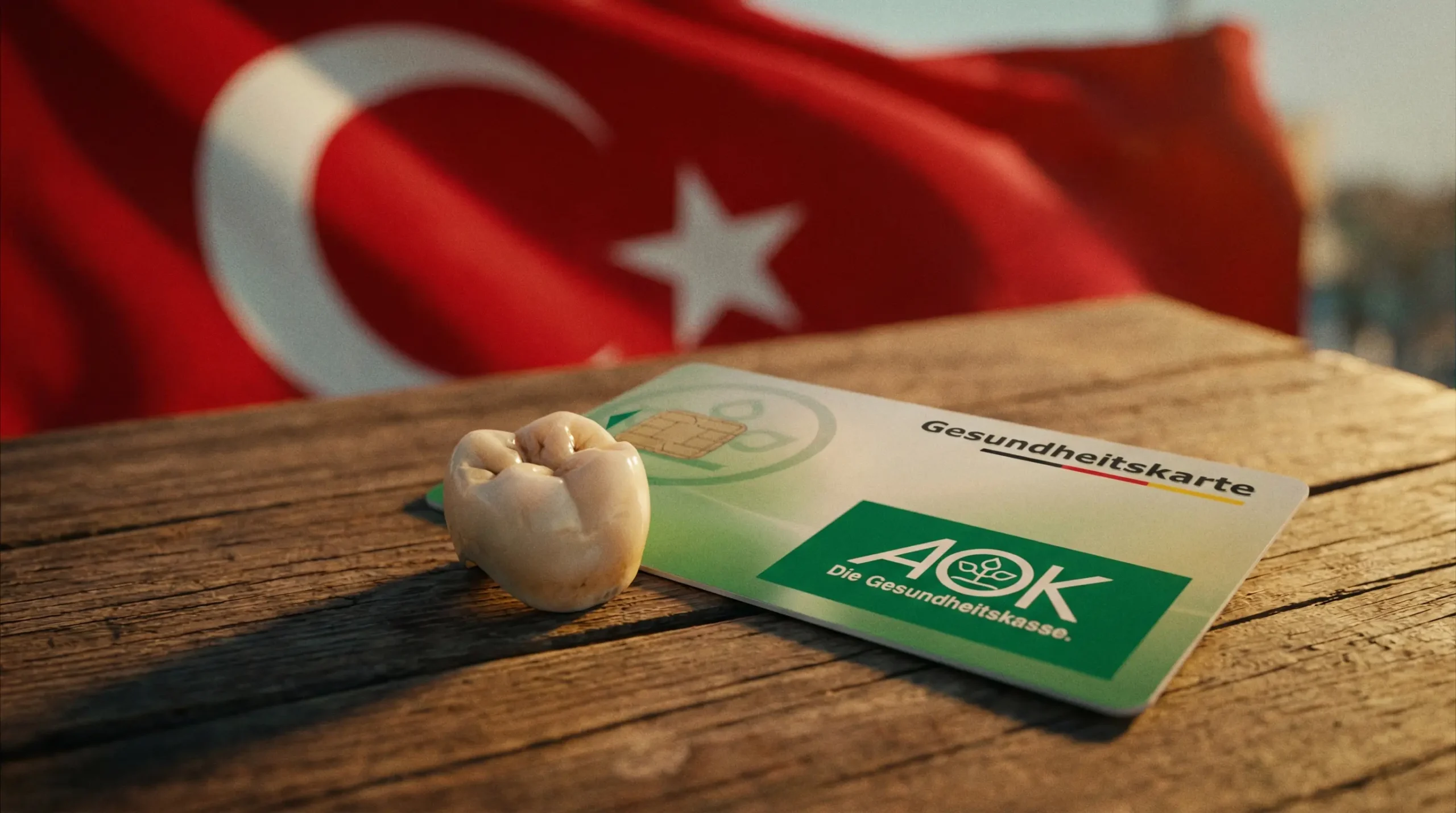 AOK Gesundheitskarte und Zahn vor türkischer Flagge