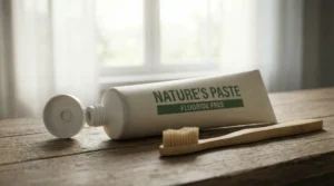 Fluoridfreie Zahnpasta und Holzzahnbürste auf Holztisch