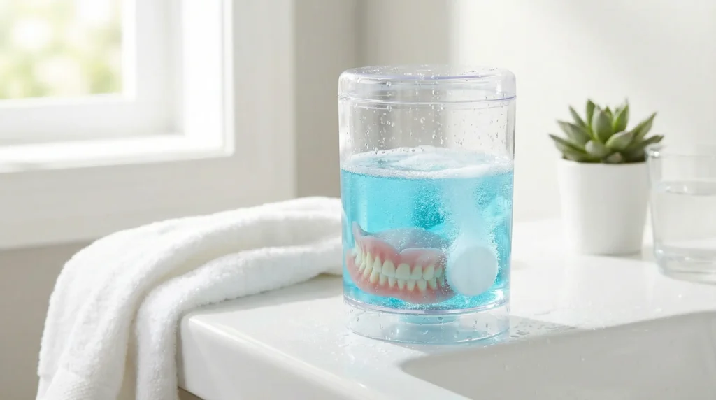 Zahnprothese in blauer Reinigungslösung auf Waschbecken