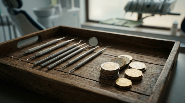 Zahnärztliche Werkzeuge und Euro-Münzen auf Holztablett