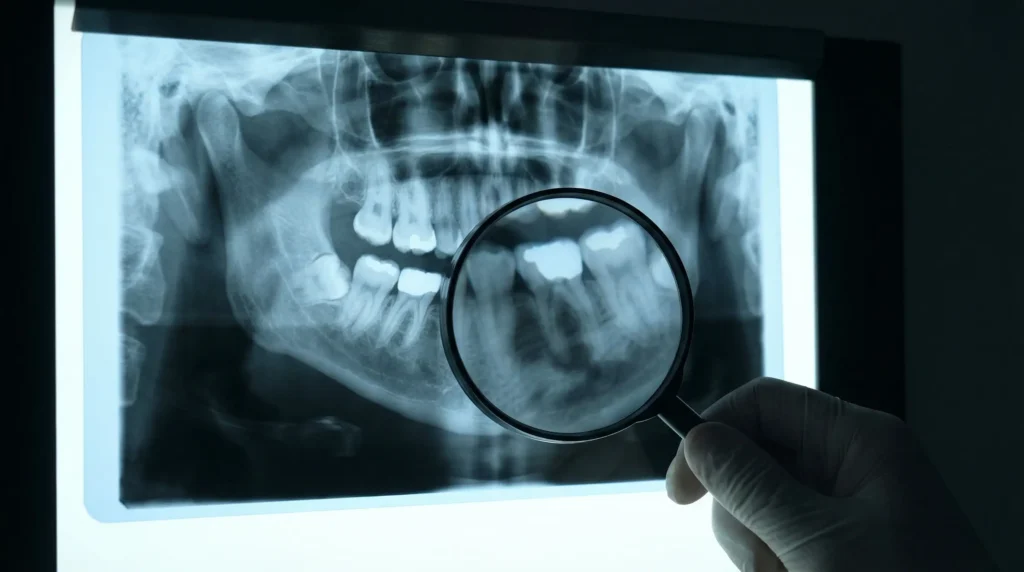 Zahnröntgenbild mit Lupe untersucht
