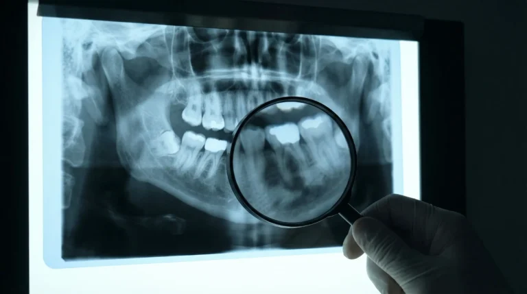 Zahnröntgenbild mit Lupe untersucht