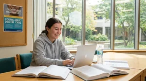 Studentin studiert lächelnd mit Laptop und Büchern