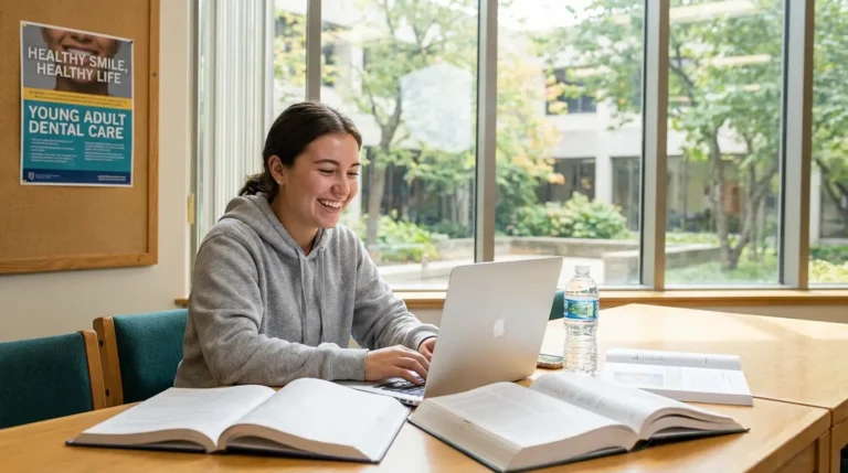 Studentin studiert lächelnd mit Laptop und Büchern