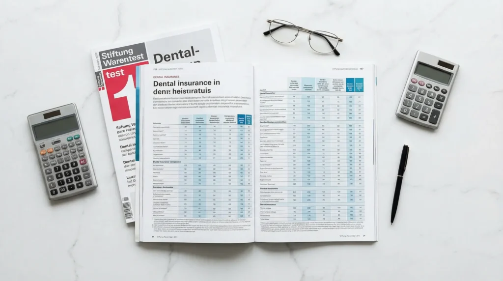 Zeitschrift mit Tabellen, Taschenrechnern und Brille auf Tisch