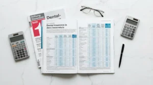 Zeitschrift mit Tabellen, Taschenrechnern und Brille auf Tisch