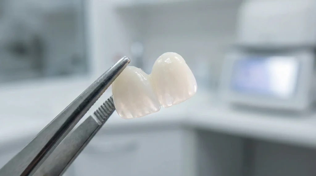 Zahnarzt hält keramische Zahnveneers mit Pinzette