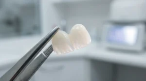 Zahnarzt hält keramische Zahnveneers mit Pinzette