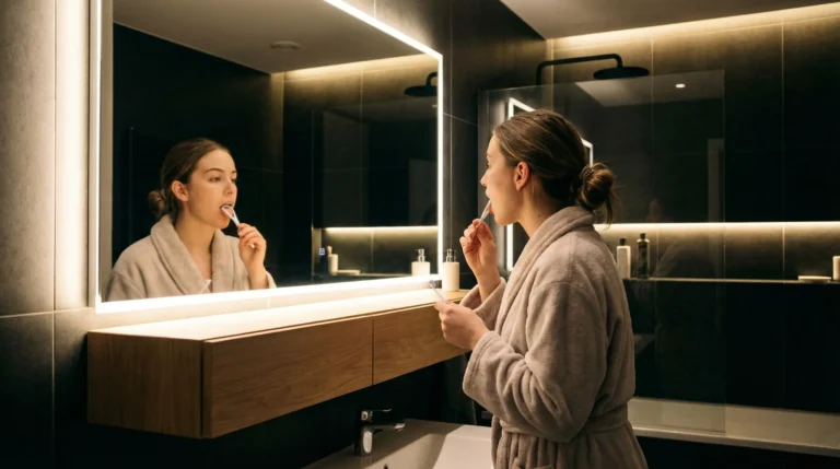 Frau putzt Zähne im modernen Badezimmer