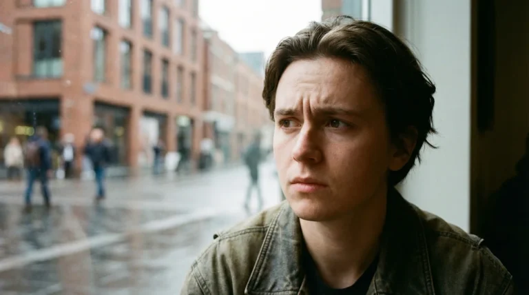 Junger Mann blickt nachdenklich aus Caféfenster