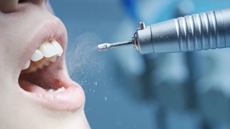 Zahnarztbohrer nahe offenem Mund mit Wasserspray