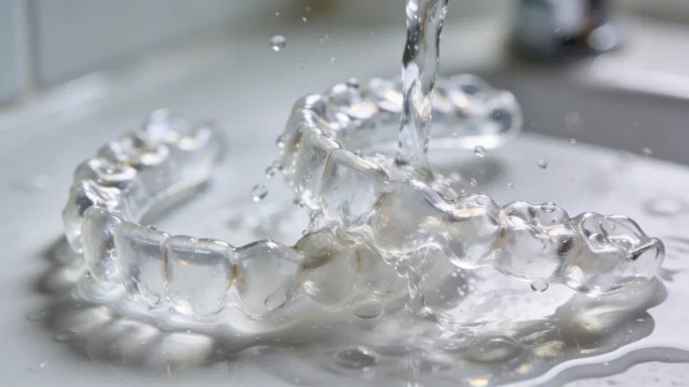 Transparente Zahnschiene unter fließendem Wasser