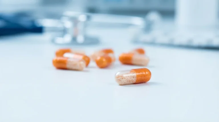 Orange-weiße Medikamentenkapseln auf weißer Oberfläche