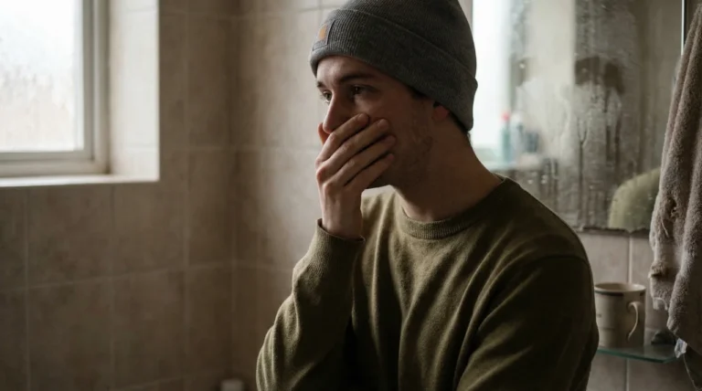 Mann mit Mütze bedeckt nachdenklich seinen Mund