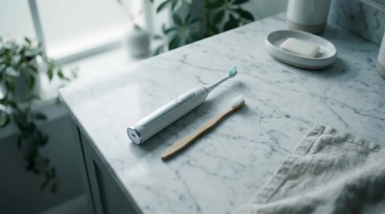 Elektrische und Bambus-Zahnbürste auf Marmortisch