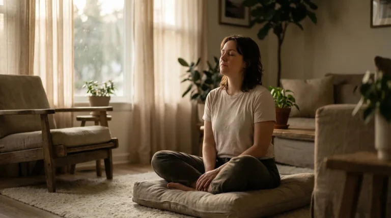 Frau meditiert im Wohnzimmer auf einem Kissen
