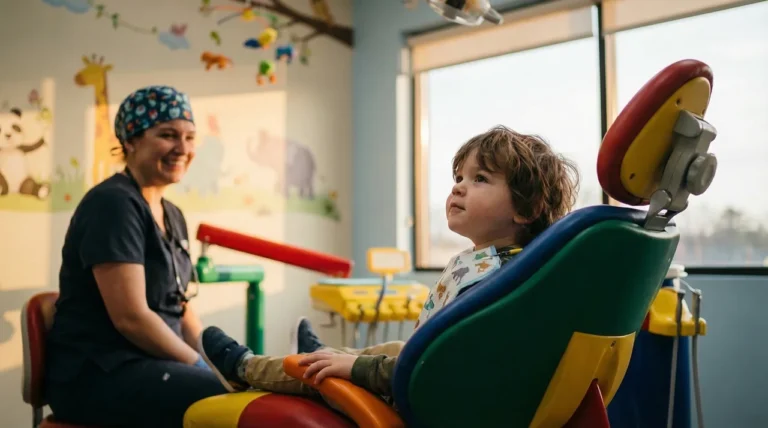 Kind im Zahnarztstuhl mit lächelnder Zahnärztin