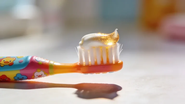 Bunte Kinderzahnbürste mit Zahnpasta und Glanz