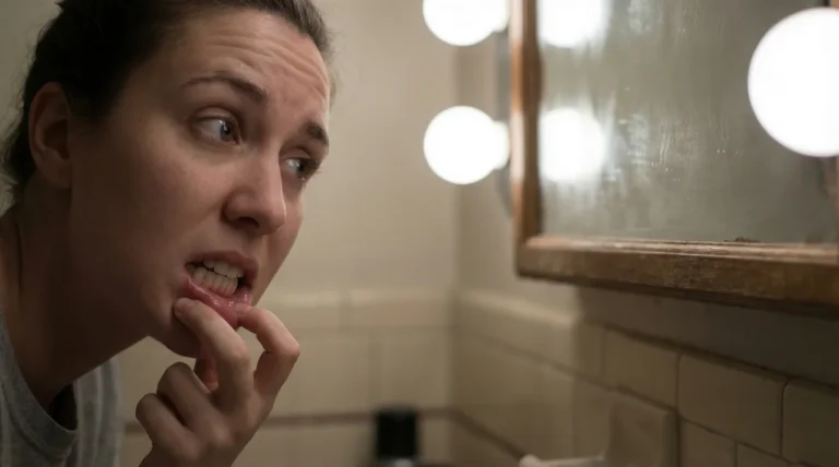 Frau betrachtet ihre Zähne im Badezimmerspiegel