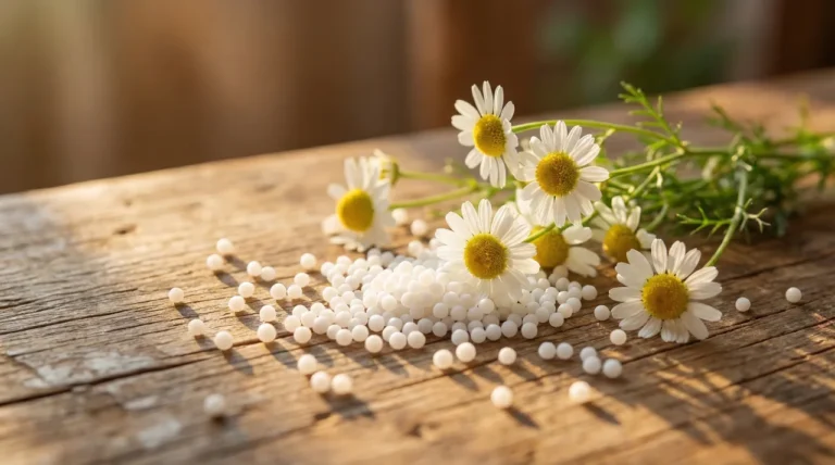Kamillenblüten und weiße Globuli auf Holztisch