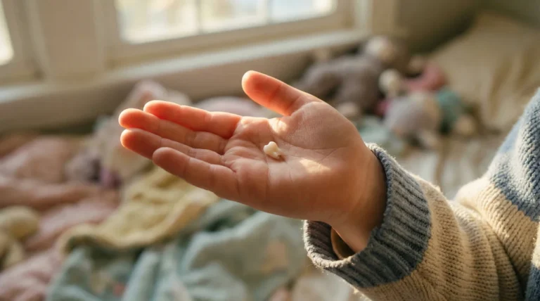 Kind hält ausgefallenen Milchzahn in der Hand