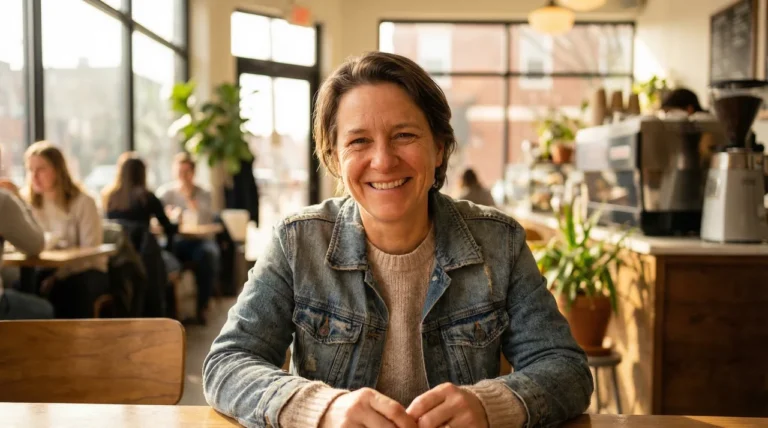 Lächelnde Frau in gemütlichem Café bei Tageslicht