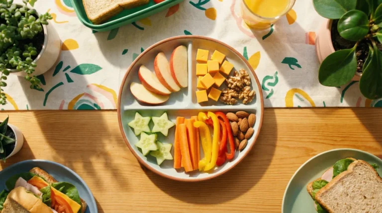 Gesunder Snackteller mit Obst, Gemüse und Nüssen