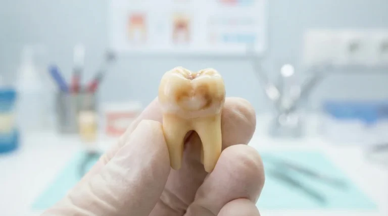 Gezogener Backenzahn in behandschuhter Hand