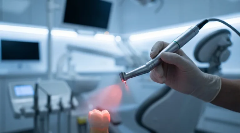 Zahnarzt behandelt Zahn mit Lasergerät