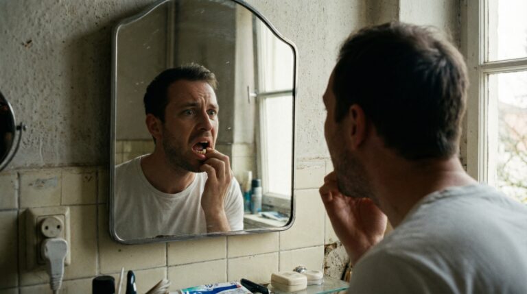 Mann untersucht seine Zähne im Badezimmerspiegel