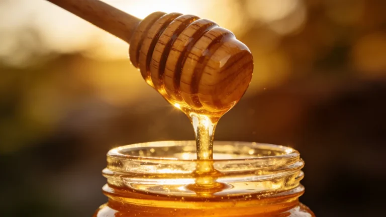 Honig fließt von Holzlöffel ins Glas