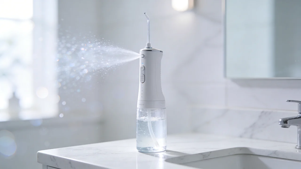 Kabellose Munddusche sprüht Wasser im Badezimmer