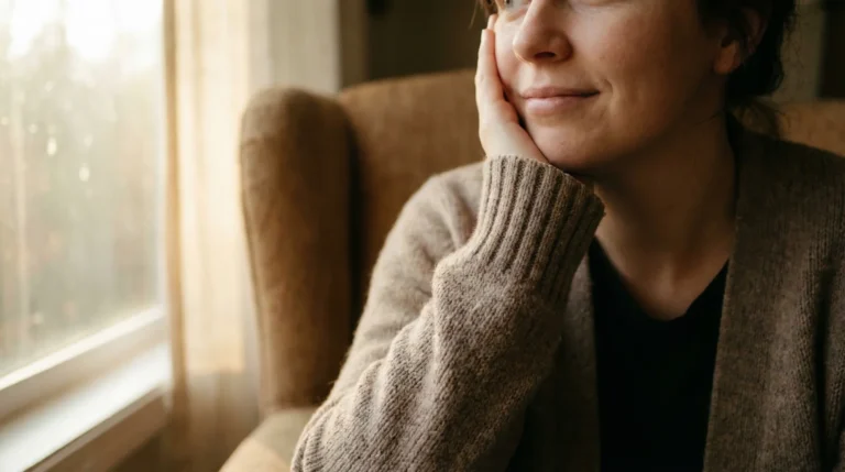 Frau sitzt nachdenklich am Fenster im Sessel