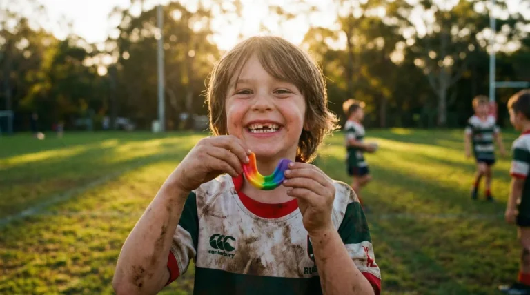 Lachender Junge mit Regenbogen-Mundschutz auf Rugbyfeld
