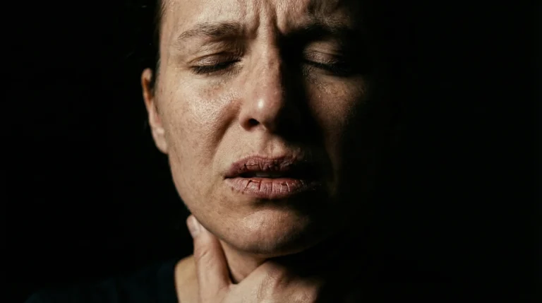 Frau mit Halsschmerzen hält sich den Hals