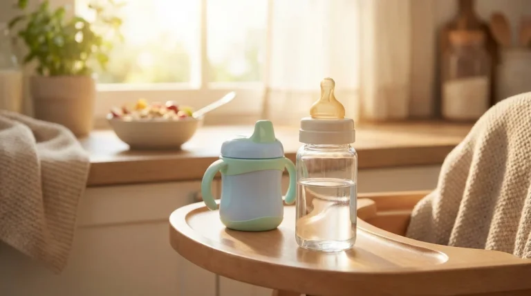 Babyflasche und Trinklernbecher auf Hochstuhl