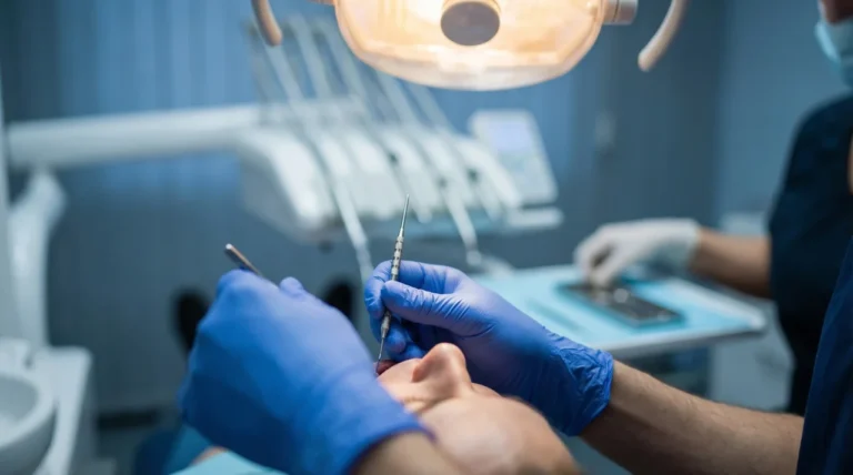 Zahnarzt behandelt Patientin mit Instrumenten im Behandlungsstuhl