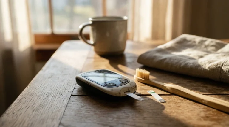 Blutzuckermessgerät auf Holztisch im Morgenlicht