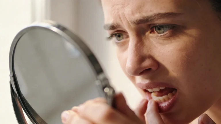 Frau betrachtet besorgt ihre Zähne im Spiegel