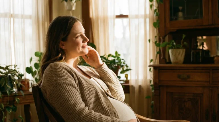 Schwangere Frau sitzt im Sonnenlicht am Fenster