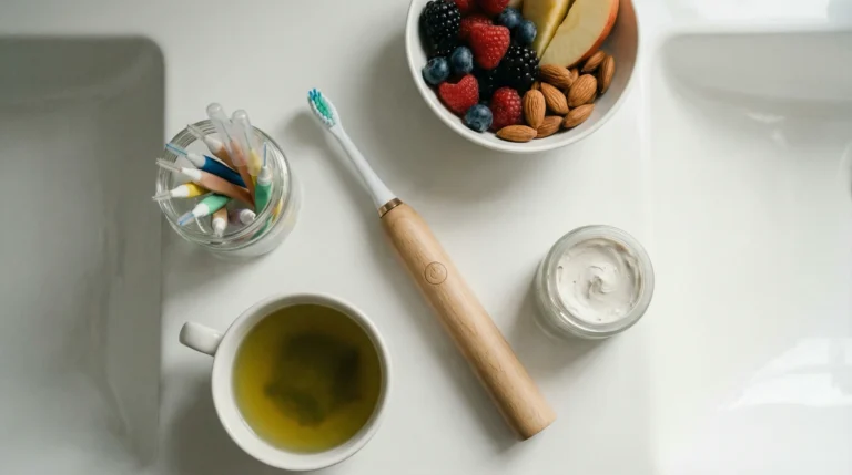 Elektrische Zahnbürste, Tee und gesunde Snacks