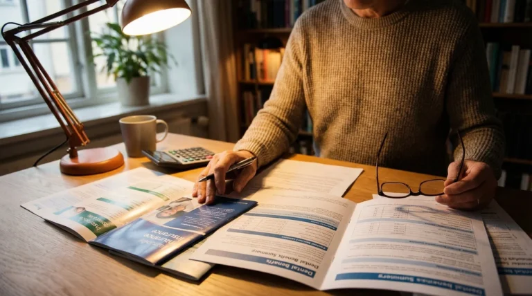 Person prüft Unterlagen am Schreibtisch mit Taschenrechner