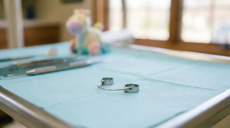 Metallisches Zahninstrument auf blauem Behandlungstisch