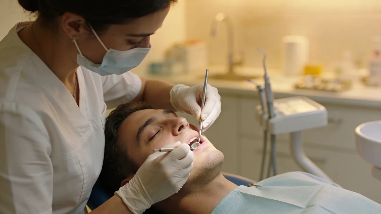 Zahnärztin behandelt Patient in moderner Zahnarztpraxis